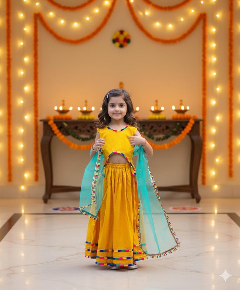 Naixa Girl's Rayon Fabrics Sleeveless V Neck Traditional Ethnic Wear Readymade Yellow Color Lehenga Choli For Every Occasion Like Wedding,Navratri (NX31 13-14Y) - Image 3