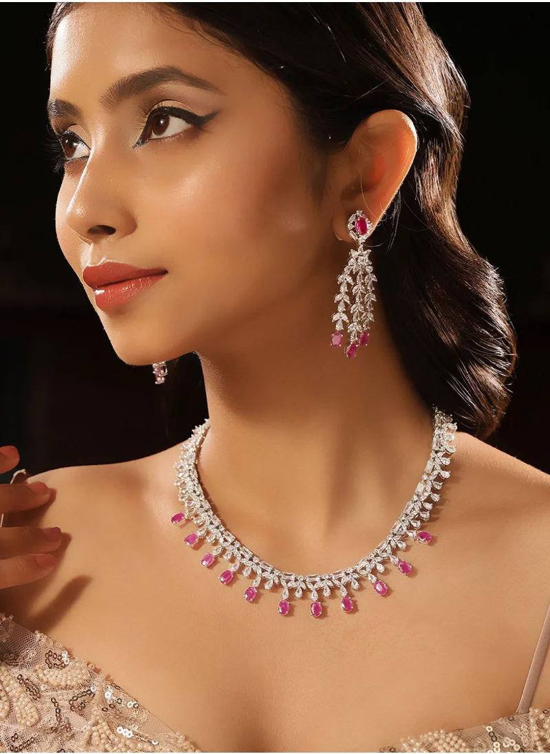 Priyaasi Plated Pink American Diamond Pink Crystal Necklace  Earrings