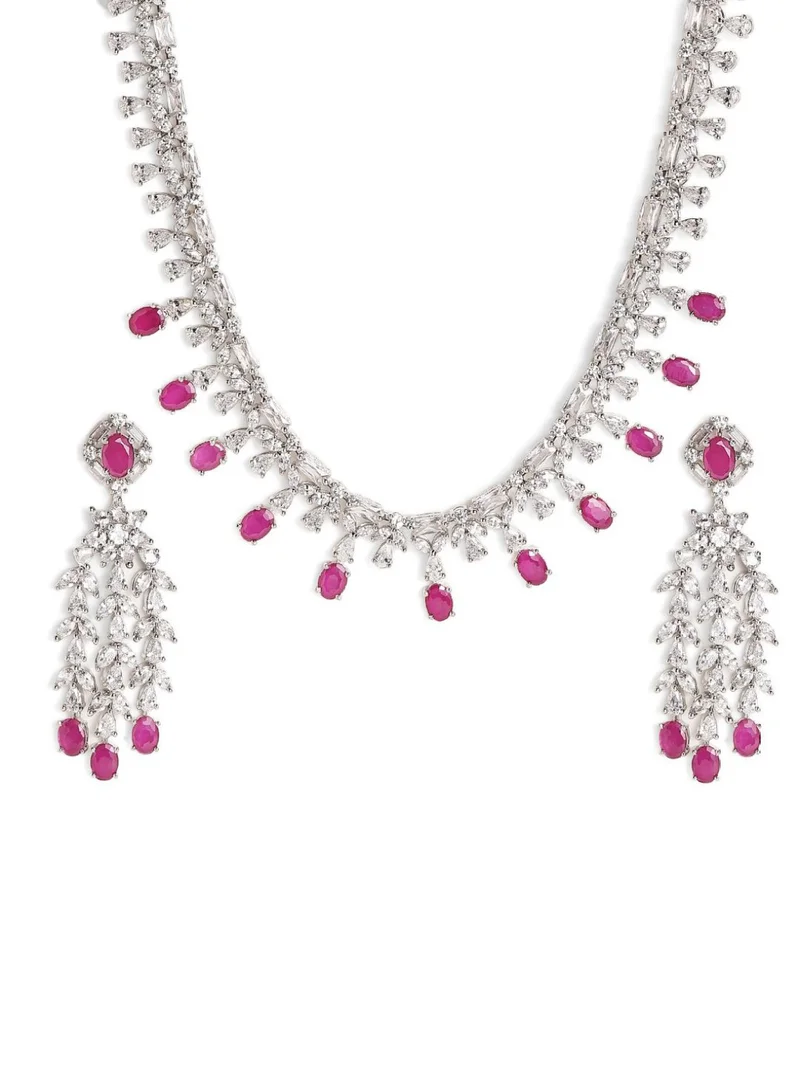 Priyaasi Plated Pink Pink Crystal Necklace Earrings
