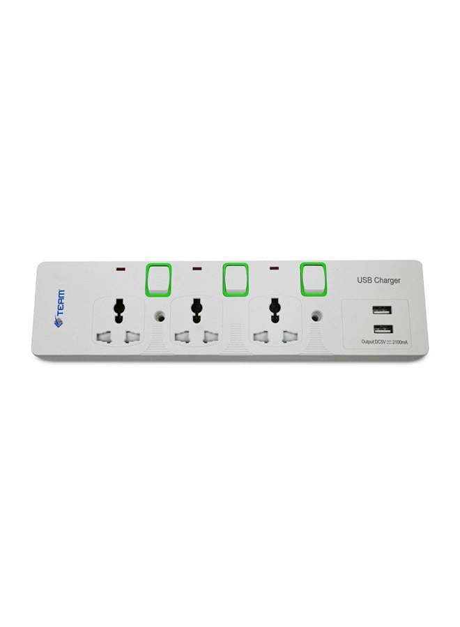 TEAM 3-Way Universal Power Extension Socket With 2 USB Port, 3M Cable - Image 1