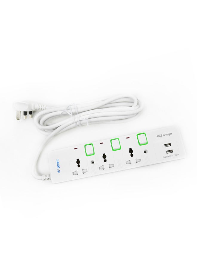 TEAM 3-Way Universal Power Extension Socket With 2 USB Port, 3M Cable - Image 2