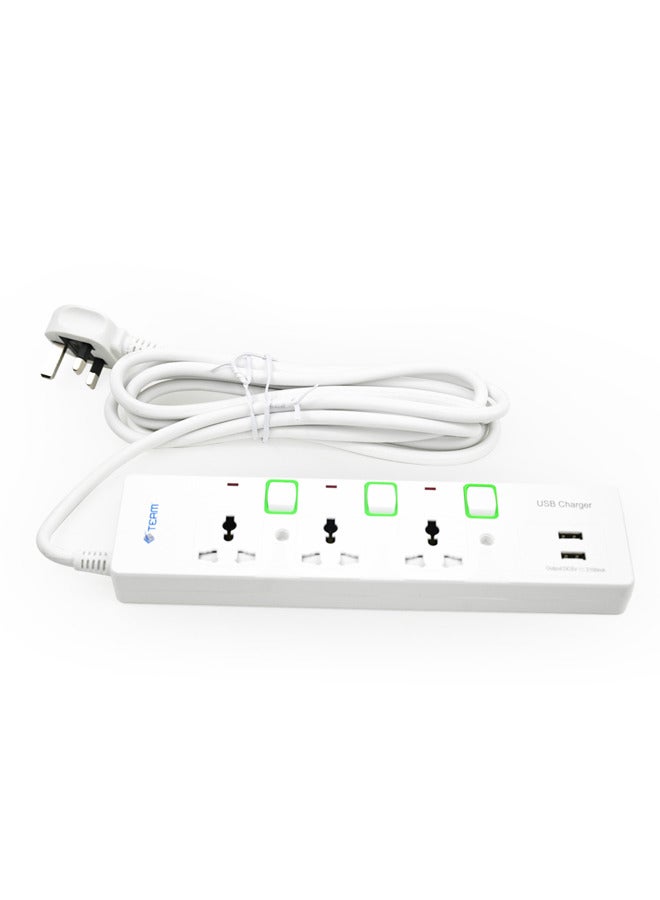 TEAM 3-Way Universal Power Extension Socket With 2 USB Port, 3M Cable - Image 4