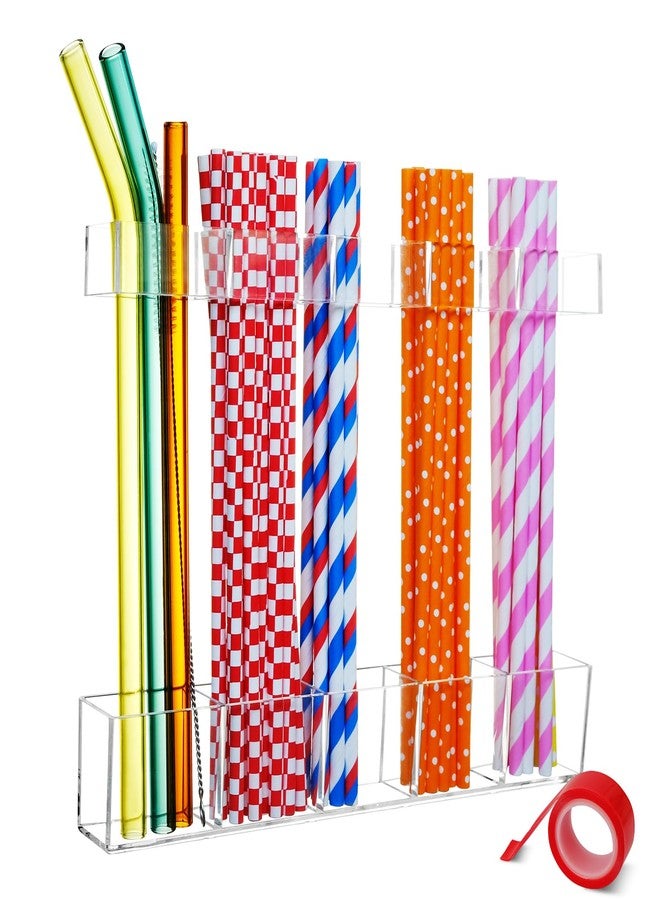 Enjunway Large Upgrade Acrylic Straw Holder,Straw Rack with Double Sided Tape Organizer,Reusable Straws for Counter Cabinet Cupboard Kitchen (Clear) (1 Pack) - Image 1