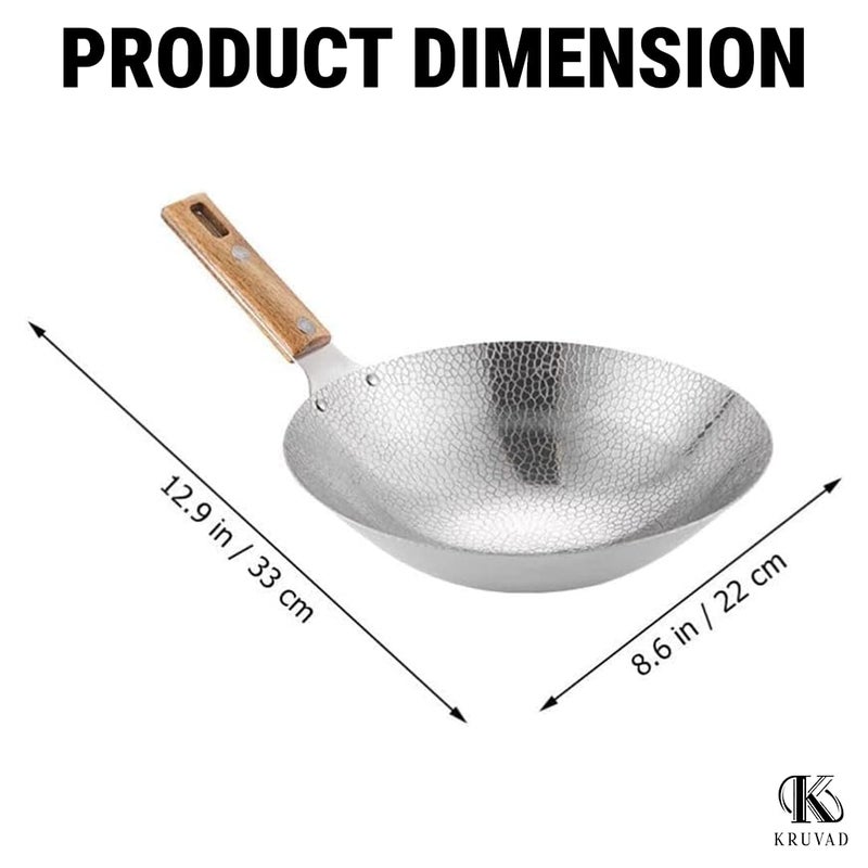 Kruvad Traditional Hand Hammered Carbon Steel Heavy Duty Wok Pan Frying Pan Wood Handle Wok NonStick Frying Food Chinese Pan Fast Heating Halogen All Stoves 35x24x8 CM - Image 3