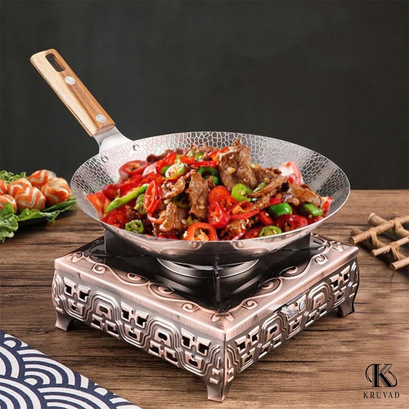 Kruvad Traditional Hand Hammered Carbon Steel Heavy Duty Wok Pan Frying Pan Wood Handle Wok NonStick Frying Food Chinese Pan Fast Heating Halogen All Stoves 35x24x8 CM - Image 4