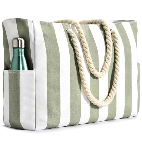 Becokan Beach Bags for Women Pool Bag Waterproof Sandproof Beach Bag Large Beach Swim Bag with Zipper Stripe Beach Bag Tote - Image 1