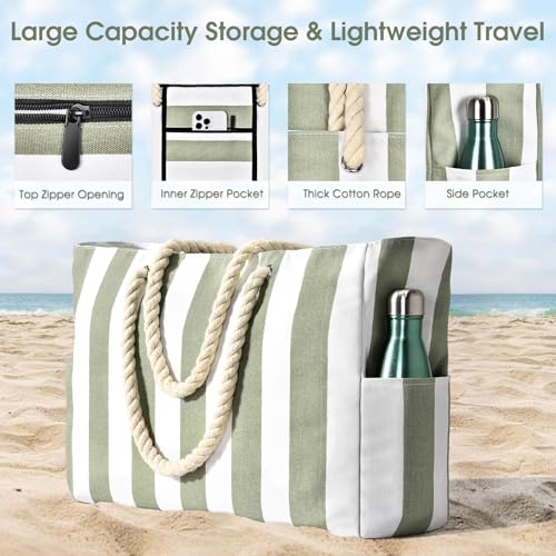 Becokan Beach Bags for Women Pool Bag Waterproof Sandproof Beach Bag Large Beach Swim Bag with Zipper Stripe Beach Bag Tote - Image 3