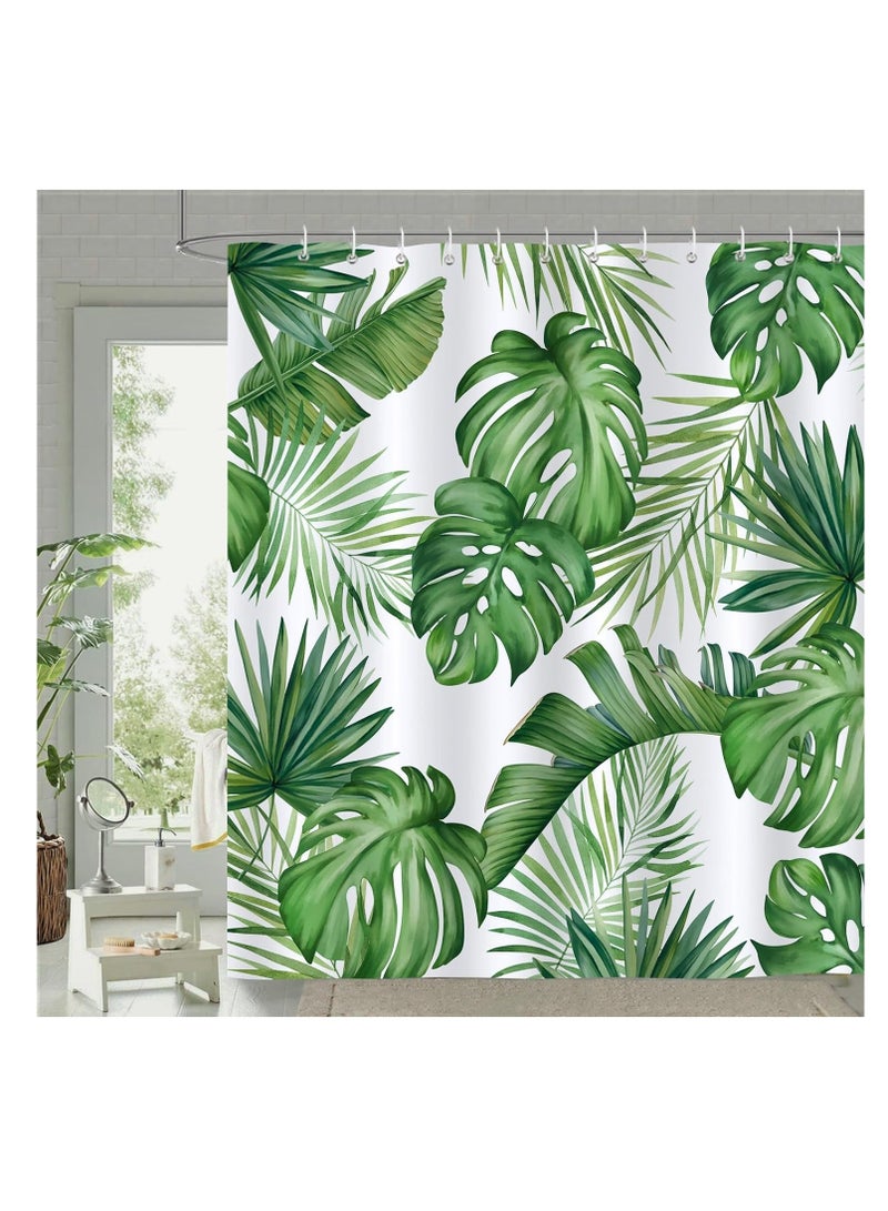 Tropical Leaves Shower Curtain - Green Palm Monstera Leaf Design - 72x72 Inch Polyester Fabric Bathroom Curtain with 12 Hooks - Image 1