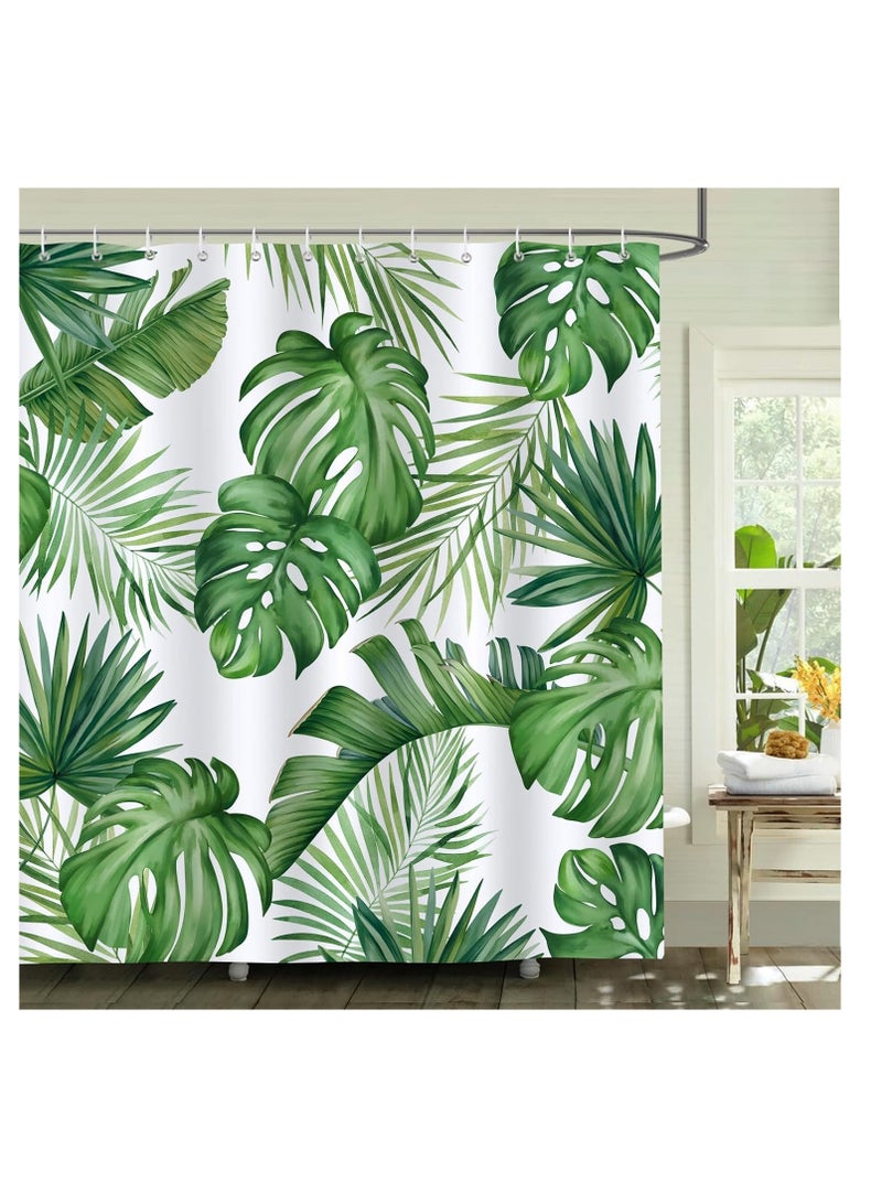 Tropical Leaves Shower Curtain - Green Palm Monstera Leaf Design - 72x72 Inch Polyester Fabric Bathroom Curtain with 12 Hooks - Image 2