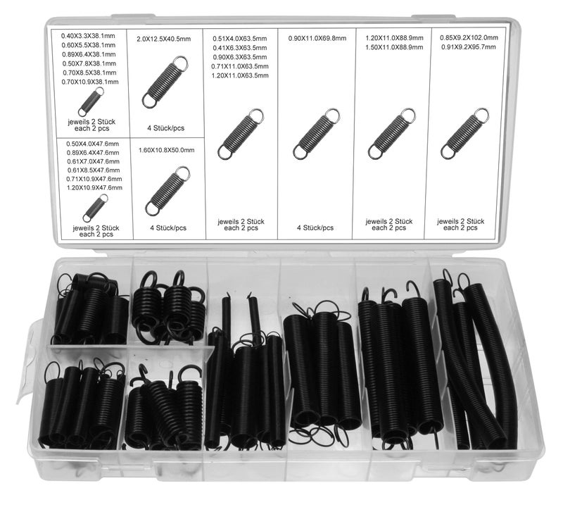 Generic ALKAN Tension Springs Assortment Spiral Springs Steel Spring Metal Springs Swing Spring Tension Spring Steel with Double Hooks and Black Finish Various Strengths 54 Pieces  - Image 1