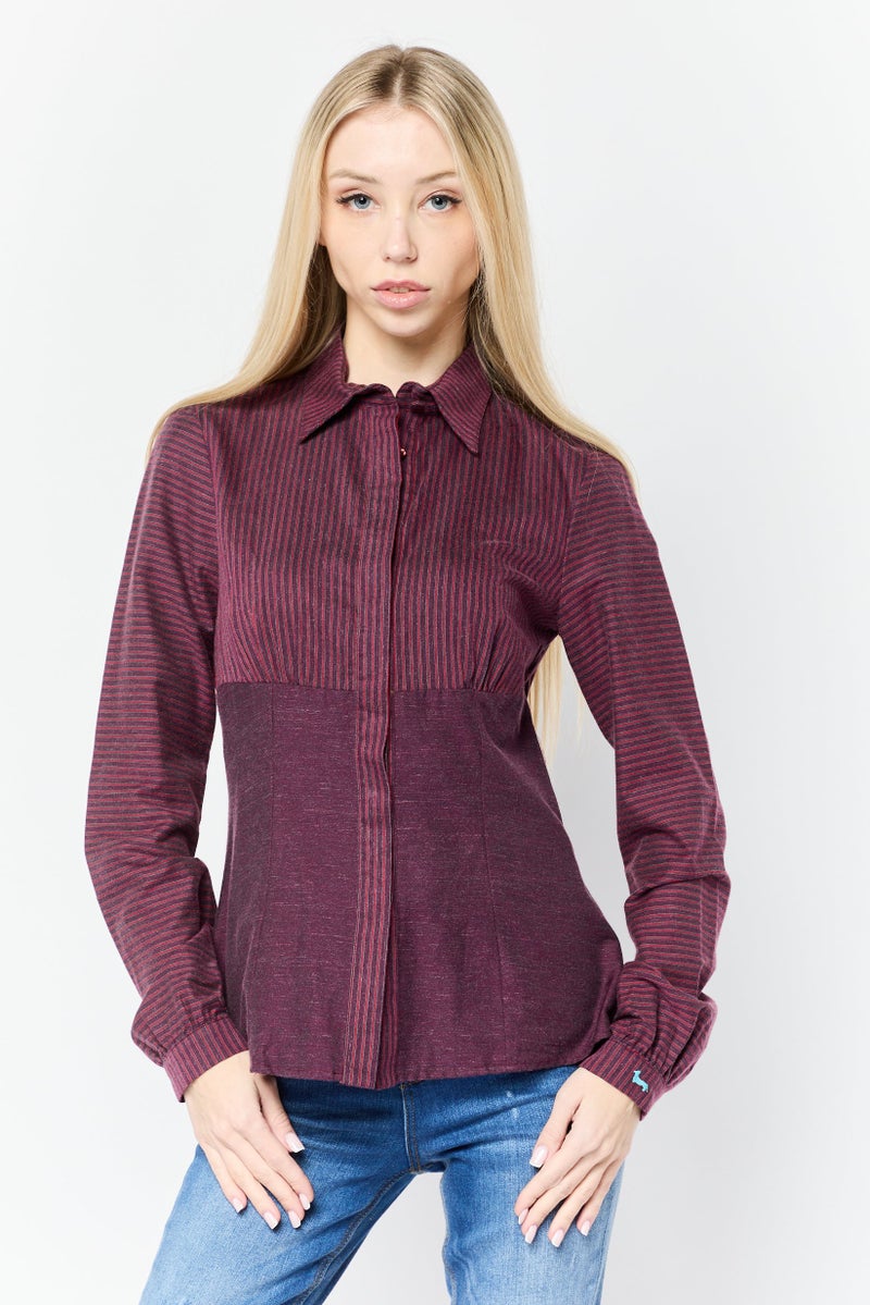Harmont & Blaine Women Pointed Collar Long Sleeve Stripe Shirts, Maroon  - Image 1