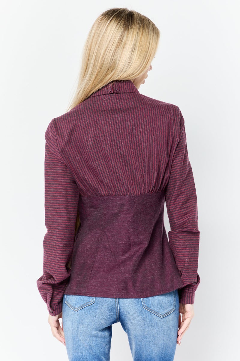 Harmont & Blaine Women Pointed Collar Long Sleeve Stripe Shirts, Maroon  - Image 4