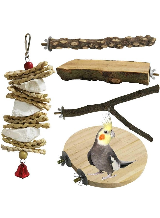 كاثسون 5 قطع من مجثم الطيور الخشبي، حامل خشبي للببغاء، لعبة منصة وقوف للببغاء، ألعاب مضغ، عظم حبار طبيعي، عصا طحن المخالب، ملحقات قفص الكوكتيل، لعبة تمرين للكونيور والبادجي وطيور الحب - Image 1