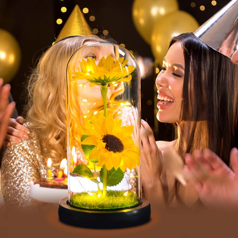 QUELIEN Sunflower Gift for Women,Sun Flowers Home Decor,Preserved Sunflower Bouquet in Glass Dome,Birthday Gifts for Her Mom - Image 2