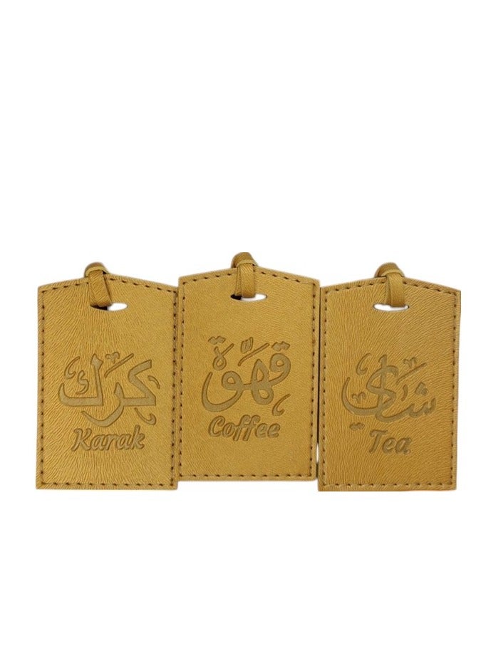 Bayti H.H. Selsela Leather Hanging Tags – Elegant Dallah Name Labels for Tea, Karak & Coffee Set C ( Gold Set of 3)