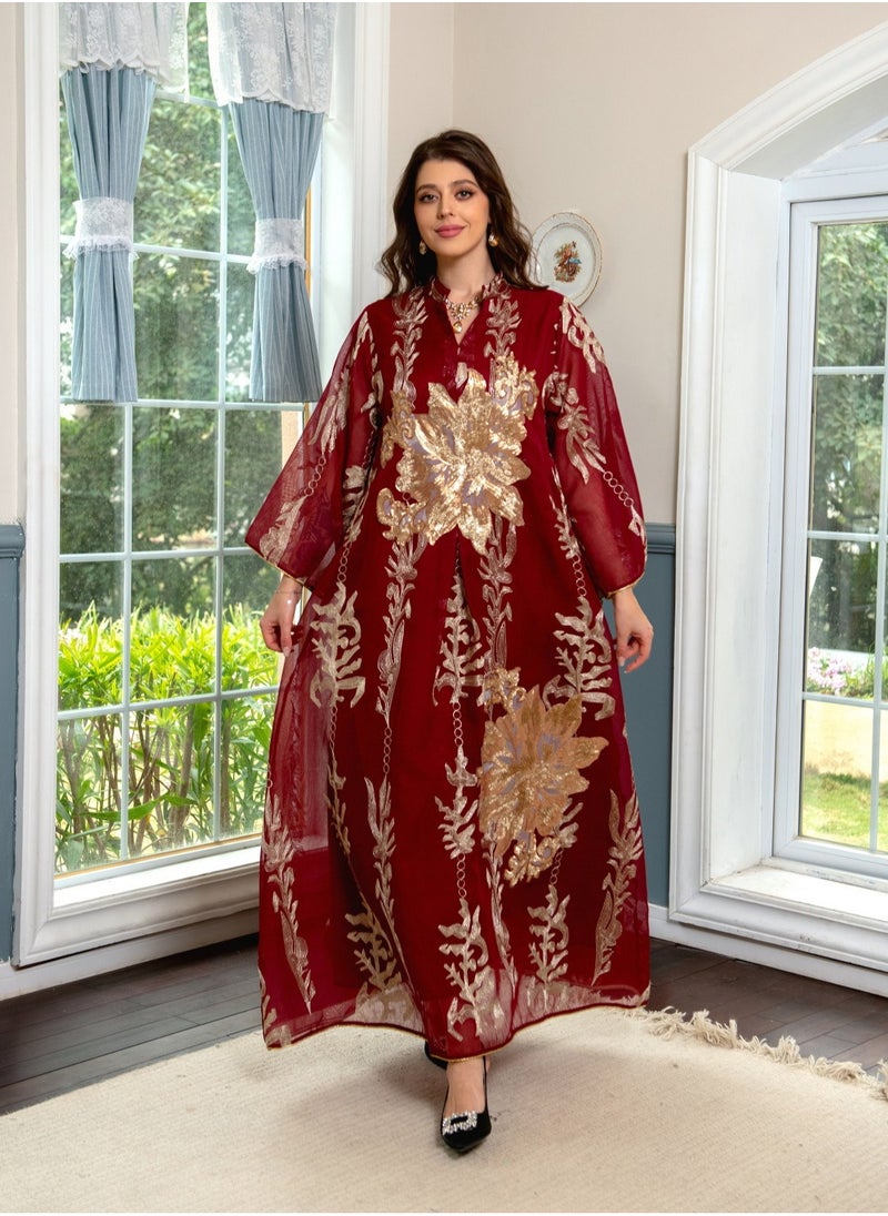 Best Gift Fashion Best Gift Embroidered Abaya Dress For Women Moroccan Kaftan Turkey Arabic Jalabiya White Islamic Ethnic Robe Eid Ramadan Red Color  - Image 2