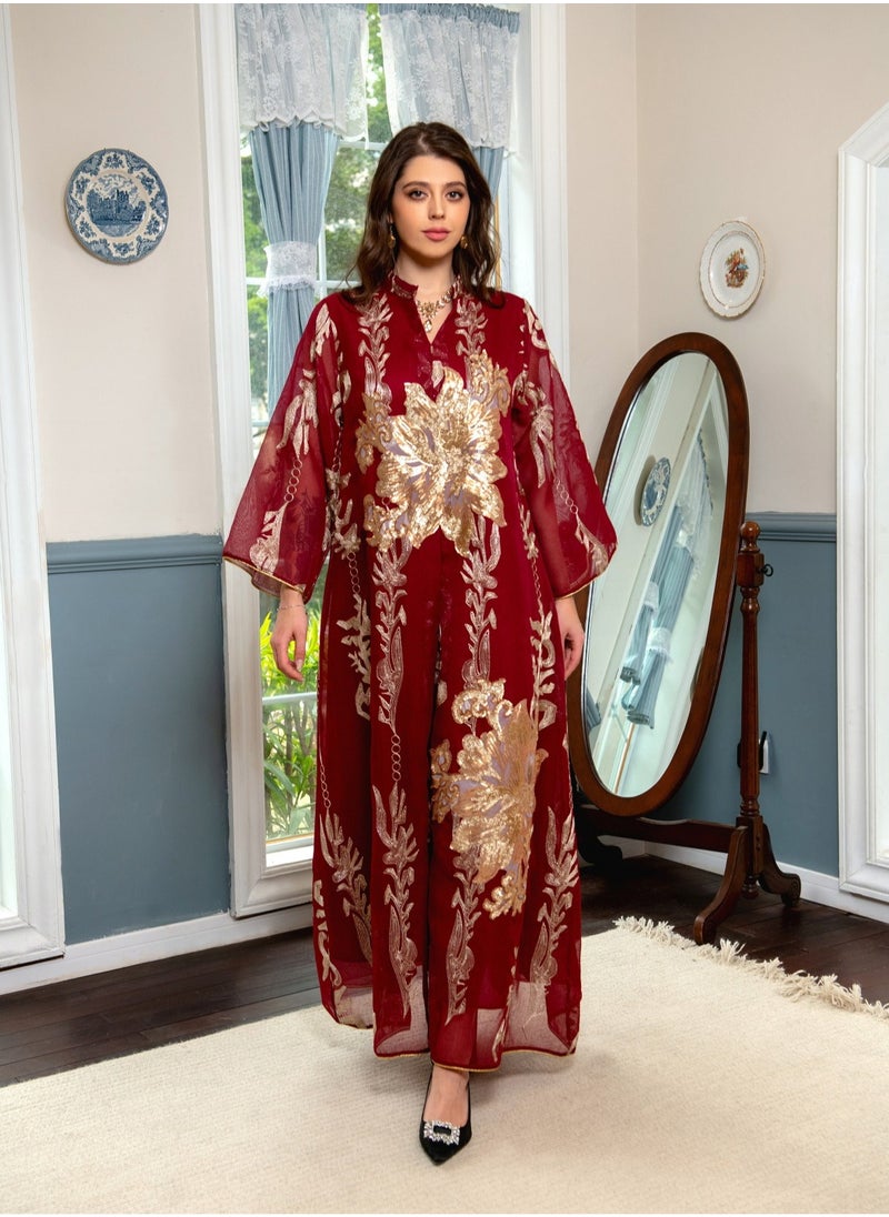 Best Gift Fashion Best Gift Embroidered Abaya Dress For Women Moroccan Kaftan Turkey Arabic Jalabiya White Islamic Ethnic Robe Eid Ramadan Red Color  - Image 3