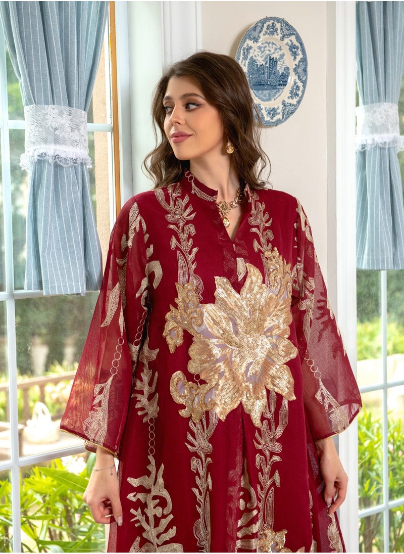 Best Gift Fashion Best Gift Embroidered Abaya Dress For Women Moroccan Kaftan Turkey Arabic Jalabiya White Islamic Ethnic Robe Eid Ramadan Red Color  - Image 4
