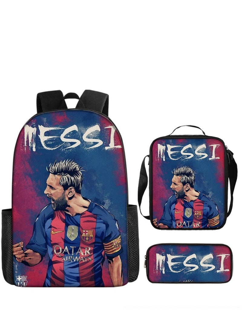 Bluejw مجموعة من 3 قطع من حقيبة الظهر المدرسية للأطفال من MESSI حقيبة كتب مدرسية للأولاد المراهقين مع حقيبة غداء وقلم - Image 1