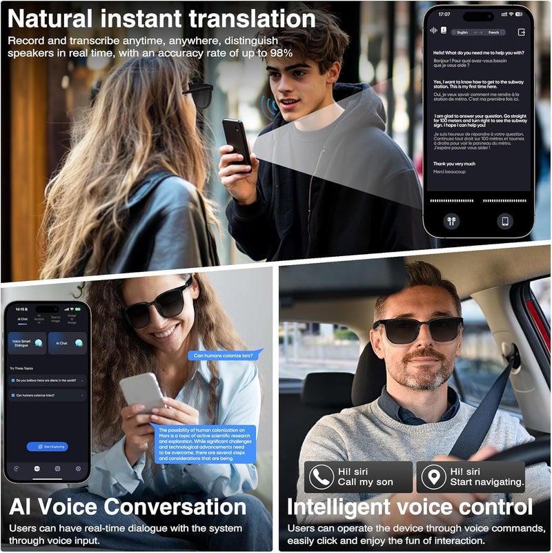 Smart Glasses with AI, Bluetooth Glasses with 110+ Translation, Smart Glass for Men&Woman, Multifunctional Bluetooth Glass for Men (Black) - Image 5