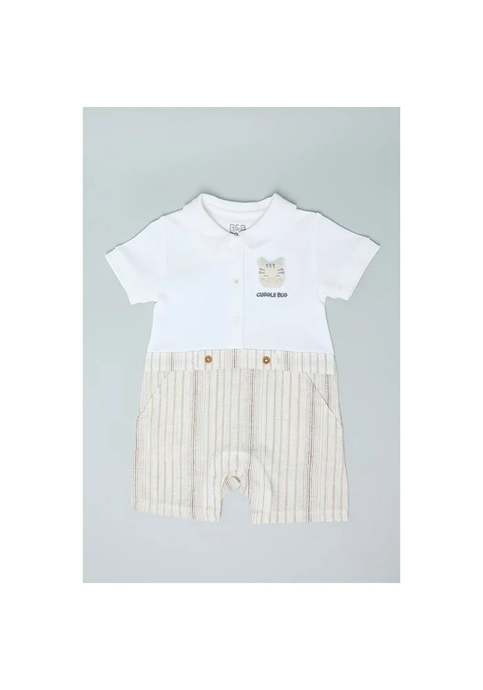 R&b Color Block Romper with Shirt Collar and Short Sleeves