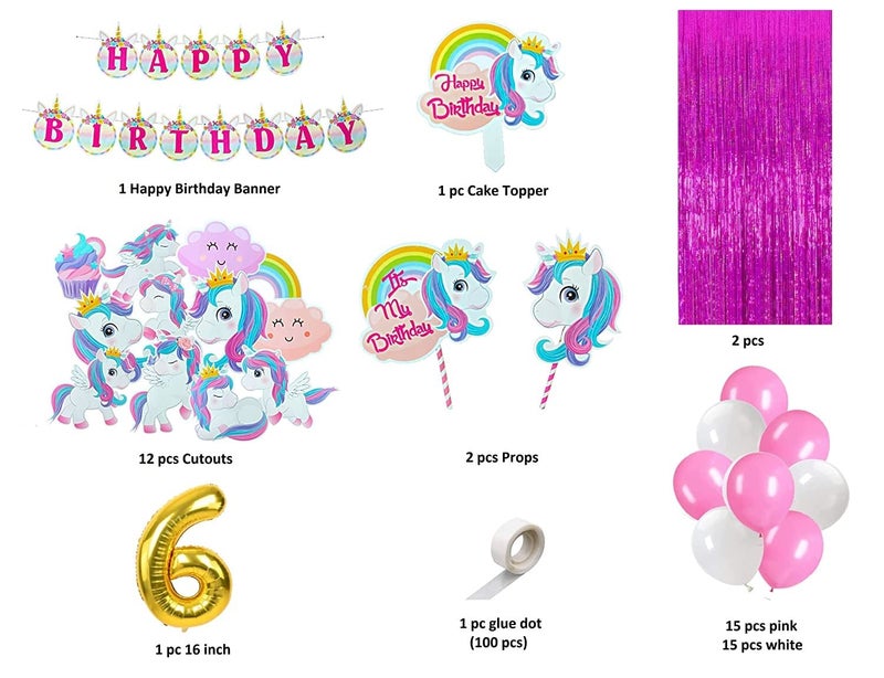 FI - FLICK IN 50 pcs 6th Birthday Decoration for Girls Kit Unicorn Theme Banner Decorations Items Pink Curtain Unicorn Cutouts 6th Birthday Decoration for Baby Girl (Pack of 50,Pink & White) - Image 2