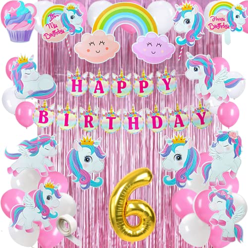 FI - FLICK IN 50 pcs 6th Birthday Decoration for Girls Kit Unicorn Theme Banner Decorations Items Pink Curtain Unicorn Cutouts 6th Birthday Decoration for Baby Girl (Pack of 50,Pink & White) - Image 1