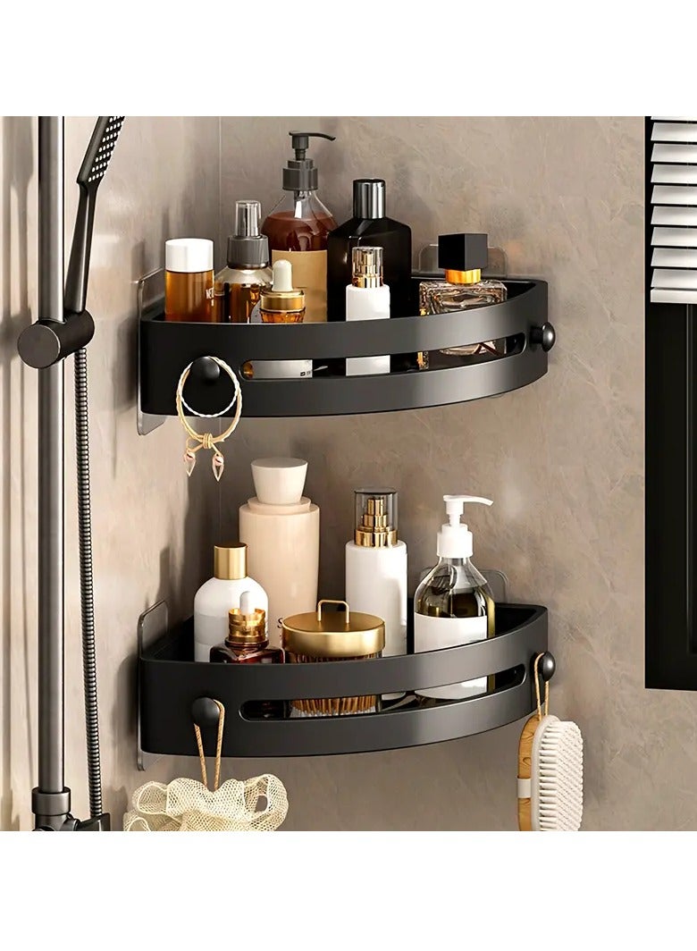2-Tier Bathroom Corner Shelf: Easy No-Drilling Wall-Mounted Storage Rack With Triangular Design - Perfect For Shower, Toilet, Washroom Organization - Durable Plastic Construction, Hassle-Free No-Drill Setup  - Image 1