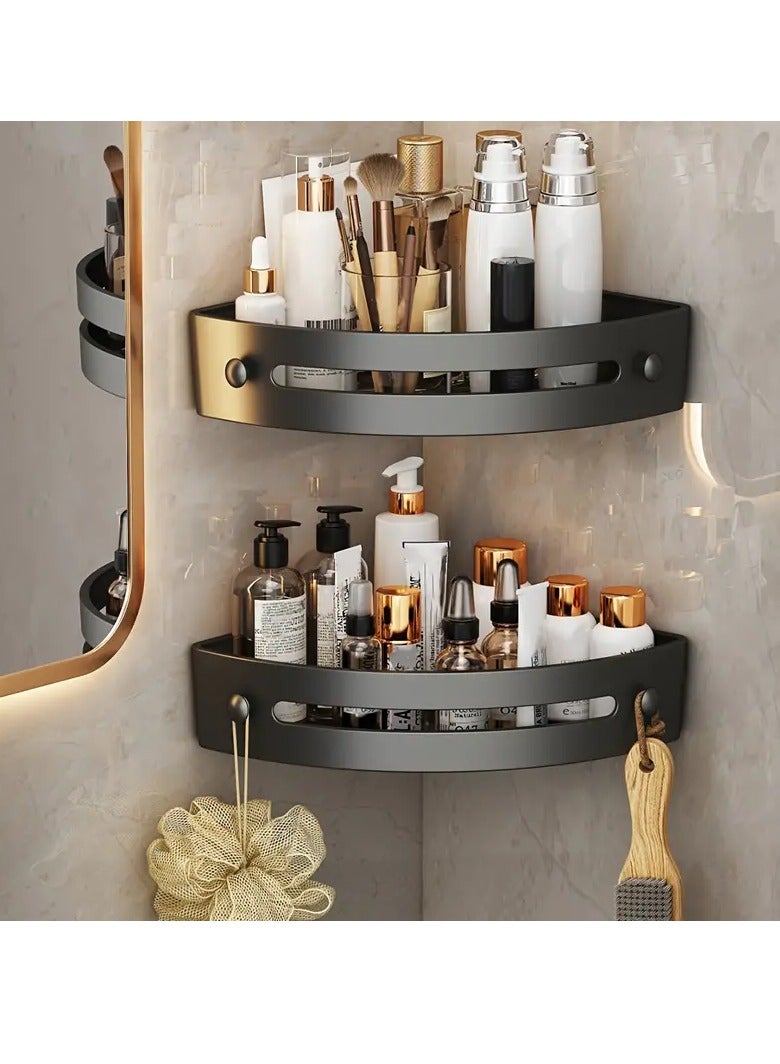 2-Tier Bathroom Corner Shelf: Easy No-Drilling Wall-Mounted Storage Rack With Triangular Design - Perfect For Shower, Toilet, Washroom Organization - Durable Plastic Construction, Hassle-Free No-Drill Setup  - Image 2