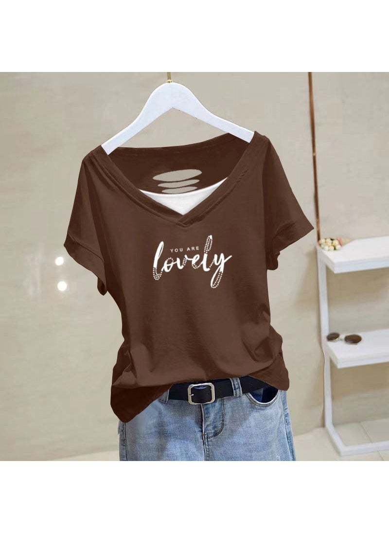 Generic - 100% Cotton Hollow-Out Tee Women Summer Casual Plus Size Brown-LoveLy [white]] - Image 1