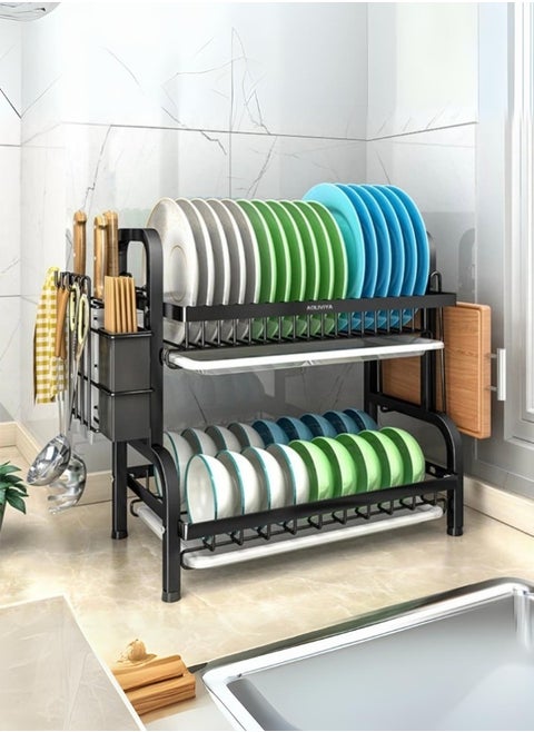 Double Layer Dish Rack with Multiple Shelves and Draining Drawers - Stylish and modern design for organizing kitchen utensils