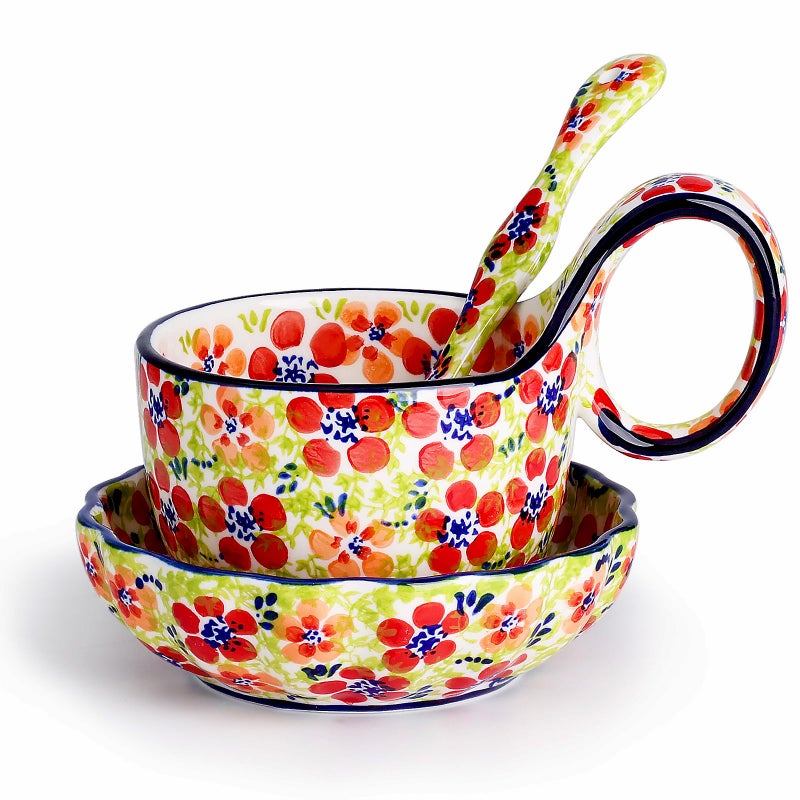 silesia Handmade Loop Handle Soup Bowl, Plate and Spoon Set Ceramic Hand Painted Cereal Bowl Great for Soup, Ice cream, Snack, Stew in Gift Box, Dishwasher & Microwave Safe, Jungle Floral - Image 1