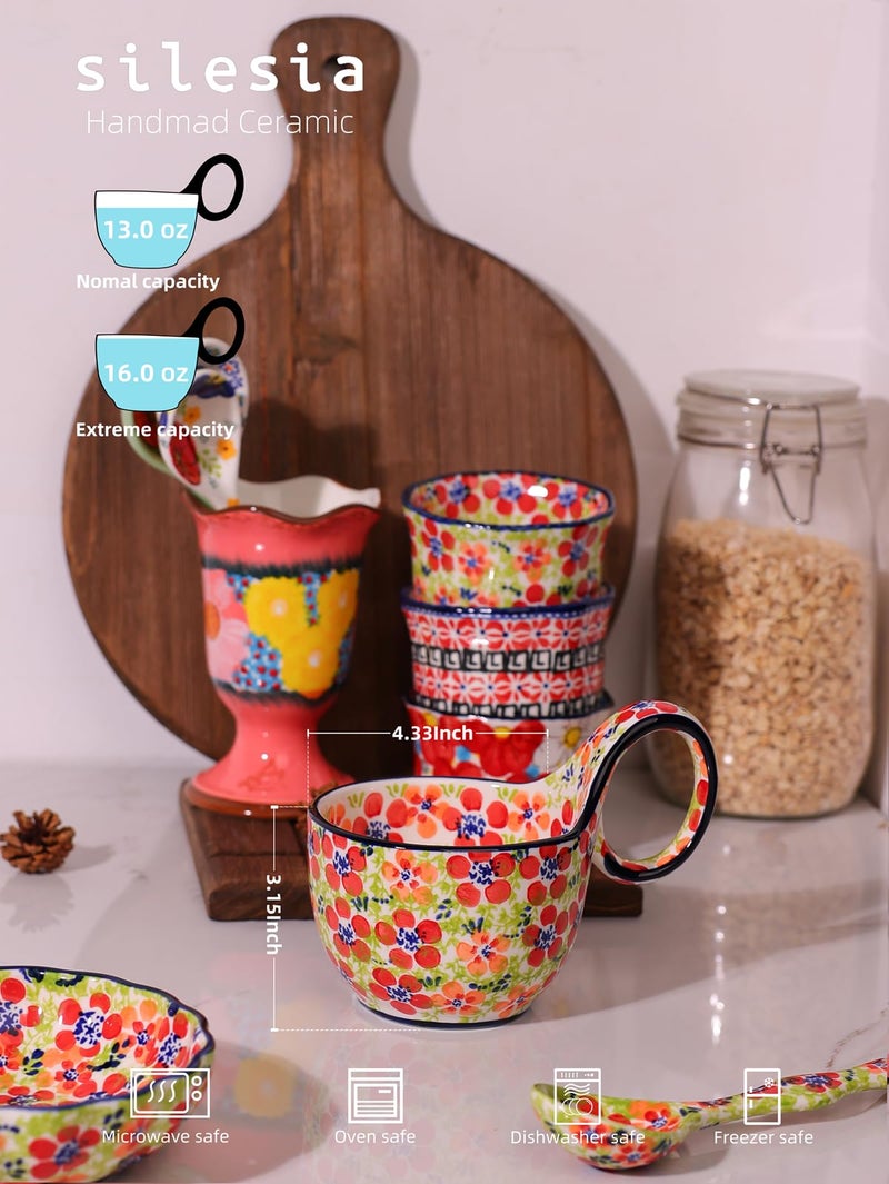 silesia Handmade Loop Handle Soup Bowl, Plate and Spoon Set Ceramic Hand Painted Cereal Bowl Great for Soup, Ice cream, Snack, Stew in Gift Box, Dishwasher & Microwave Safe, Jungle Floral - Image 2