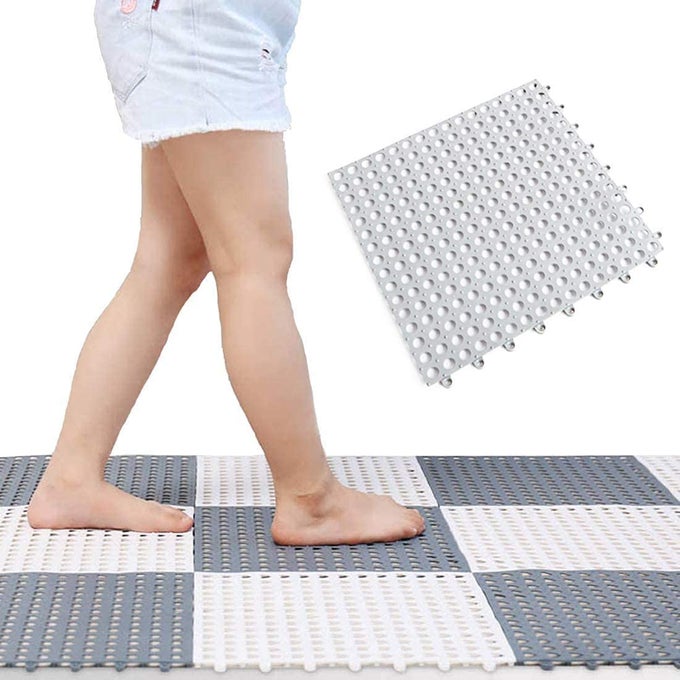 INTERLOCKING SOFT PVC NON SLIP TILES SPLICING WATERPROOF MAT DRAIN POOL SHOWER BATH FLOOR MAR KITCHEN BATH TUB TOILET DRAIN CUSHION MATS WHITE GREY 20