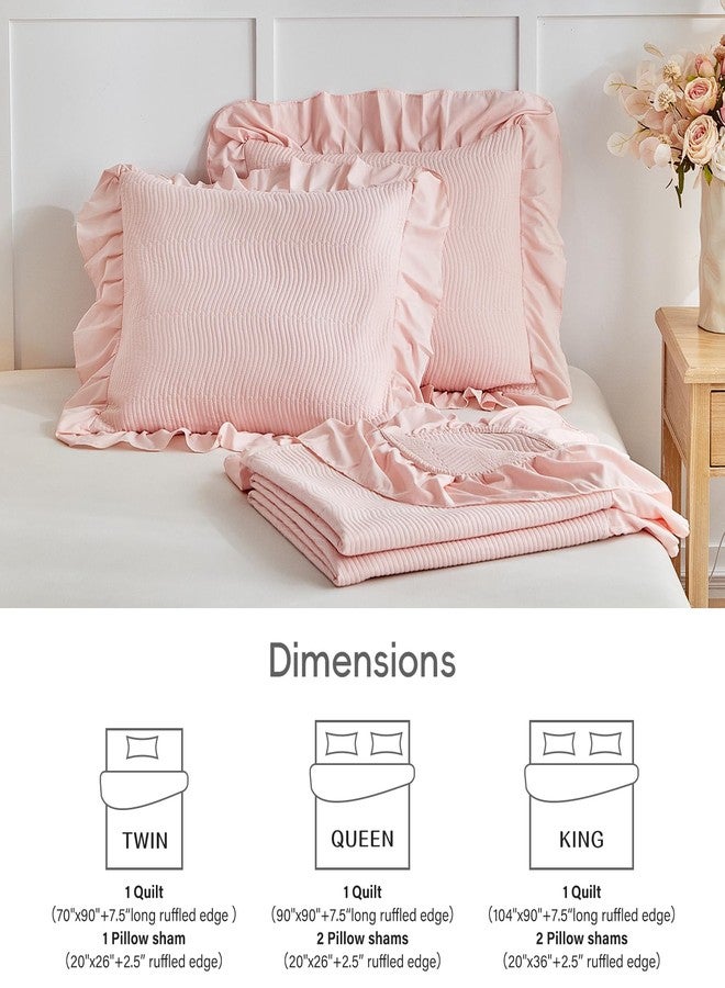 Flysheep 3 Pieces Blush Pink Quilt Set Queen Size, Wide Ruffled Fringe Lightweight Bedspread Bedding Set for All Season (1 Quilt + 2 Shams) - Image 5