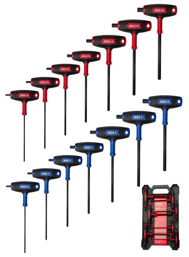 كوول مجموعة مفاتيح ألين بمقبض على شكل حرف T من XOOL مكونة من 14 قطعة، مجموعة مفاتيح سداسية بمقاسات SAE ومترية، مجموعة مفاتيح سداسية طويلة الذراع - Image 1