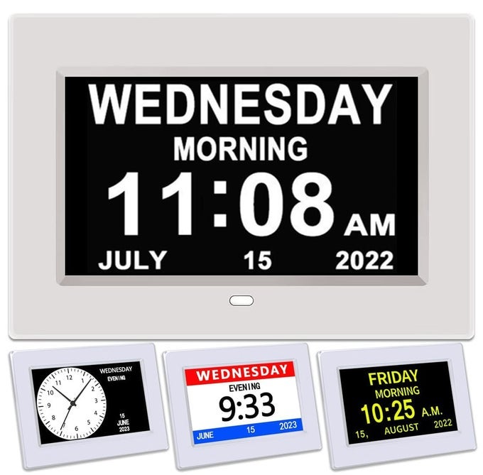 GTREX CLOCK WITH DAY AND DATE FOR ELDERLY3 COLORS DISPLAY DIGITAL CALENDAR ALARM CLOCK DEMENTIA ALZHEIMERS CLOCK WITH EXTRA LARGE DISPLAY 7IN WHITE