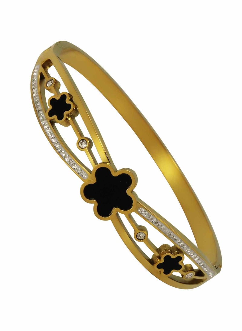 KAAF CREATIONS 18K Gold-Plated Stainless Steel Bracelet for Women - Elegant Black Flower Design with Cubic Zirconia, Stylish and Durable Jewelry for Special Occasions - Image 2