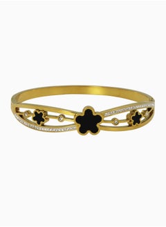 KAAF CREATIONS 18K Gold-Plated Stainless Steel Bracelet for Women - Elegant Black Flower Design with Cubic Zirconia, Stylish and Durable Jewelry for Special Occasions  - Image 3