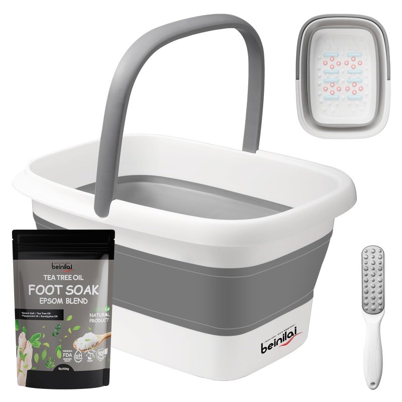 Beinilai Collapsible Foot Bath Kit, Foot Soaking Tub with Handle and Massage Acupoint, Tea Tree Oil Foot Soak with Epsom Salt, and Pedicure Feet File - Image 1