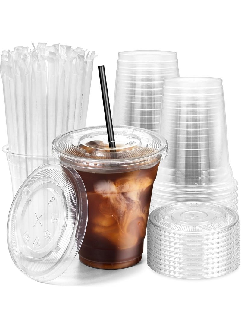20oz 50 PCs Disposable Plastic iced coffee cups with lids and straws. Clear Disposable Plastic cups for Cold drink, iced coffee, Milkshakes, Smoothies, Juices. Eco friendly BPA free. - Image 1