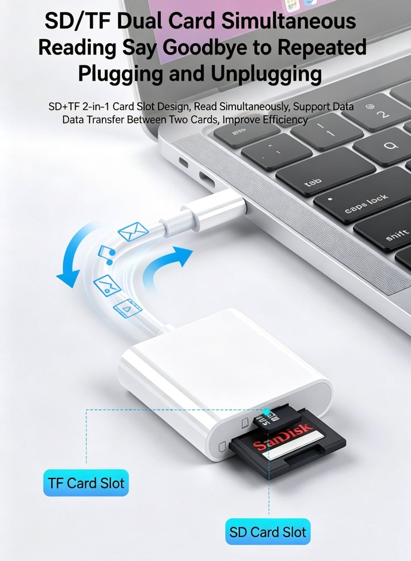 قارئ بطاقات SD/TF من نوع Type-C لـ iPhone و iPad و MacBook والكاميرات – محول بطاقات مزدوج الفتحات، قارئ Micro SD محمول، يعمل فور التوصيل، مناسب لكاميرات المراقبة البرية - Image 2