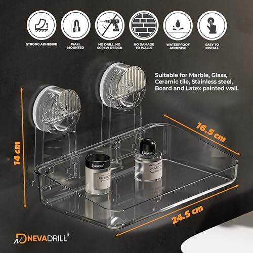 NEVADRILL Multipurpose PET Wall Mounted Shower Rack | Strong Vacuum Suction with Level Lock Mechanism | Removable Drainable Storage Shelf for Kitchen, Bathroom & Wash Basin Organizer [ND-13815] - Image 2