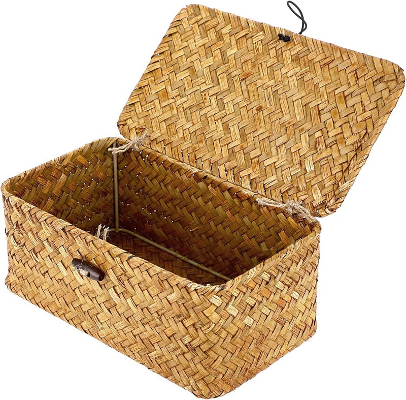 Hipiwe Wicker Shelf Baskets Bin with Lid, Handwoven Seagrass Basket Storage Bins Rectangular Household Basket Boxes for Shelf Wardrobe Home Organizer, Caramel X-Small - Image 1