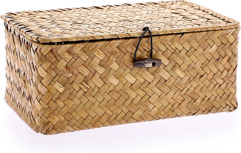 Hipiwe Wicker Shelf Baskets Bin with Lid, Handwoven Seagrass Basket Storage Bins Rectangular Household Basket Boxes for Shelf Wardrobe Home Organizer, Caramel X-Small - Image 5