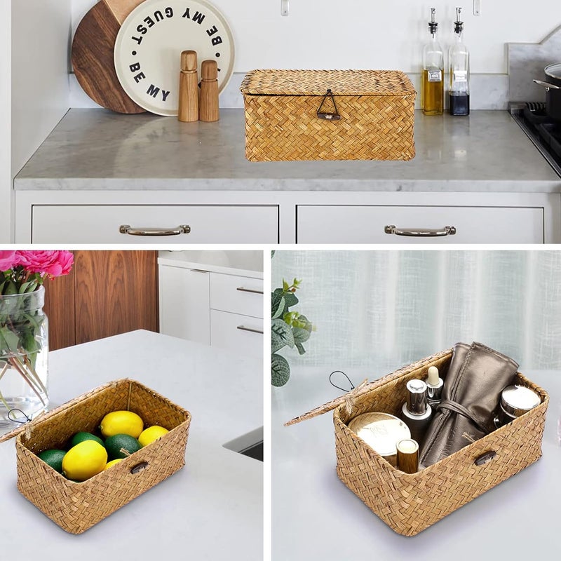 Hipiwe Wicker Shelf Baskets Bin with Lid, Handwoven Seagrass Basket Storage Bins Rectangular Household Basket Boxes for Shelf Wardrobe Home Organizer, Caramel X-Small - Image 2
