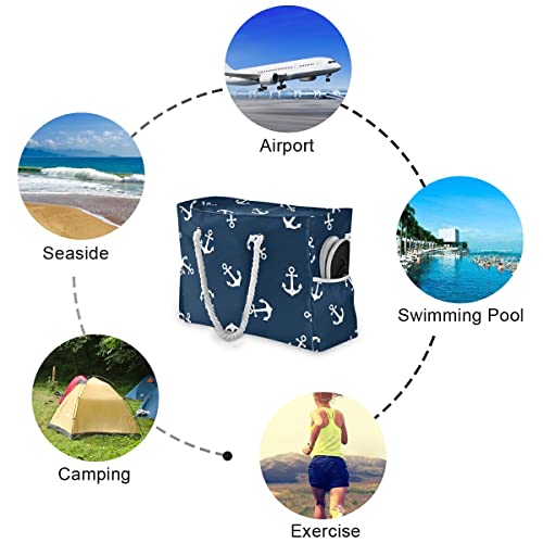 senya Large Beach Bags Totes Canvas Tote Shoulder Bag Soft Wave Water Resistant Bags for Gym Travel Daily （Navy White Anchor） - Image 3