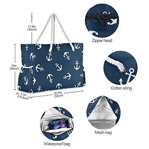 senya Large Beach Bags Totes Canvas Tote Shoulder Bag Soft Wave Water Resistant Bags for Gym Travel Daily （Navy White Anchor） - Image 4