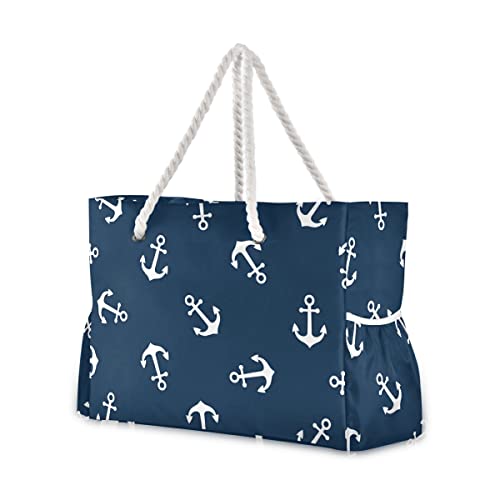 senya Large Beach Bags Totes Canvas Tote Shoulder Bag Soft Wave Water Resistant Bags for Gym Travel Daily （Navy White Anchor） - Image 1