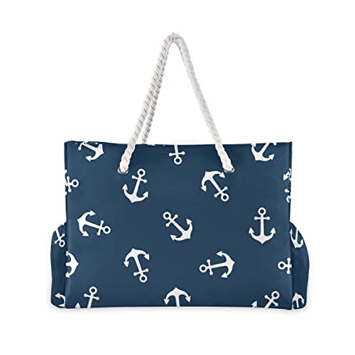 senya Large Beach Bags Totes Canvas Tote Shoulder Bag Soft Wave Water Resistant Bags for Gym Travel Daily （Navy White Anchor） - Image 2